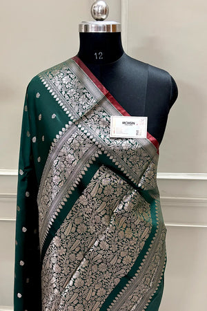 Bottle Green Zari Banarasi Silk Saree