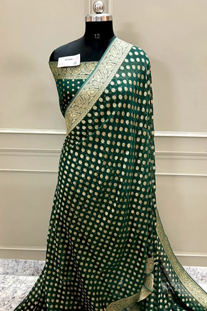 Bottle Green Zari Georgette Silk Banarasi Saree