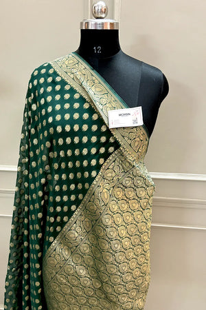 Bottle Green Zari Georgette Silk Banarasi Saree