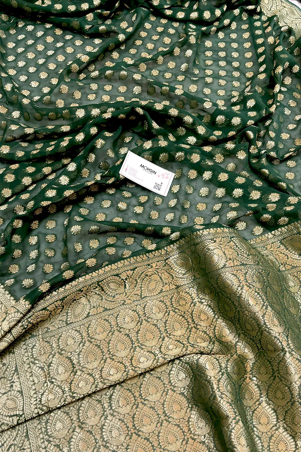 Bottle Green Zari Georgette Silk Banarasi Saree
