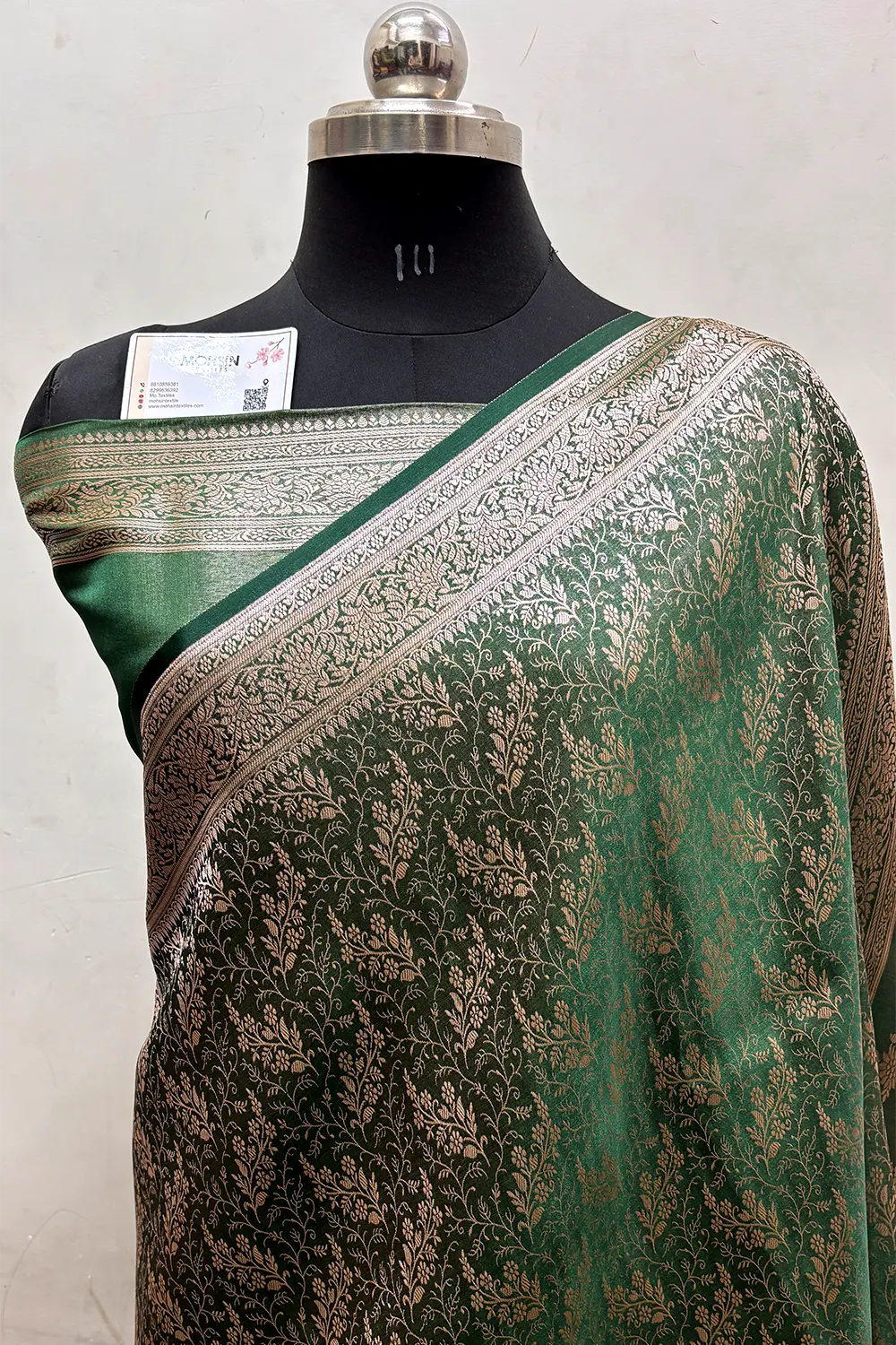 Bottle Green Zari Katan Jamdani Silk Banarasi Saree