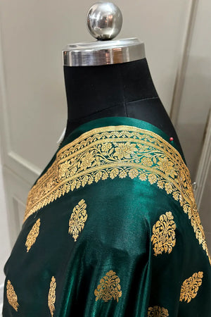 Bottle Green Zari Katan Satin Silk Banarasi Saree