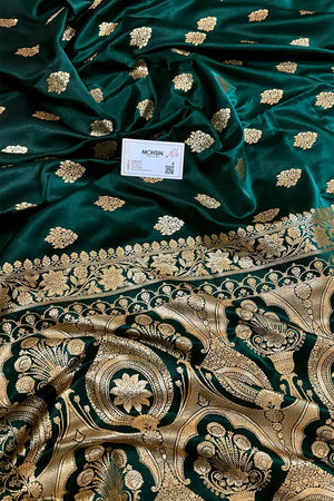 Bottle Green Zari Katan Satin Silk Banarasi Saree
