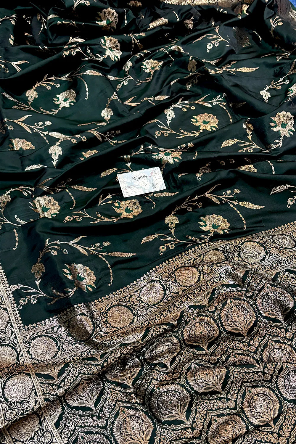 Bottle Green Zari Katan Silk Banarasi Saree