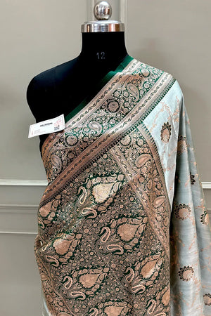 Bottle Green Zari Katan Silk Banarasi Saree