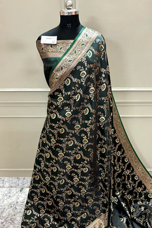 Bottle Green Zari Katan Silk Banarasi Saree