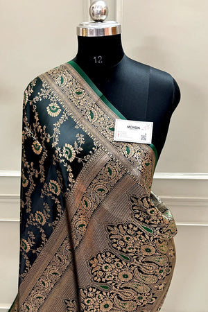 Bottle Green Zari Katan Silk Banarasi Saree
