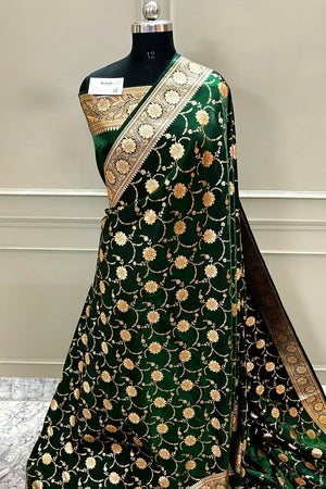 Bottle Green Zari Katan Silk Banarasi Saree