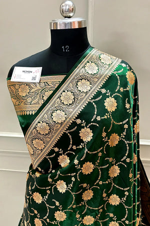 Bottle Green Zari Katan Silk Banarasi Saree