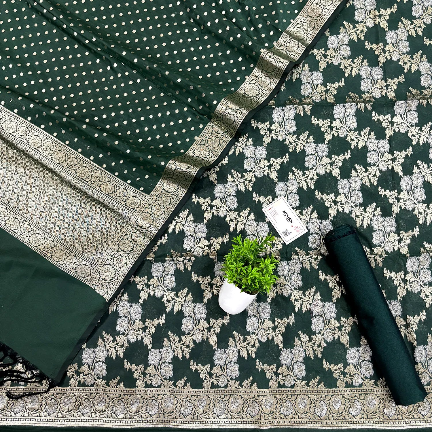 Bottle Green Zari Katan Silk Banarasi Suit
