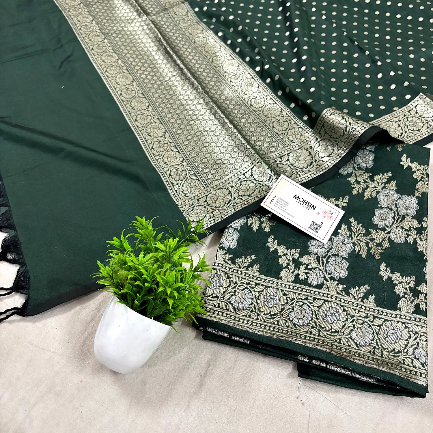 Bottle Green Zari Katan Silk Banarasi Suit