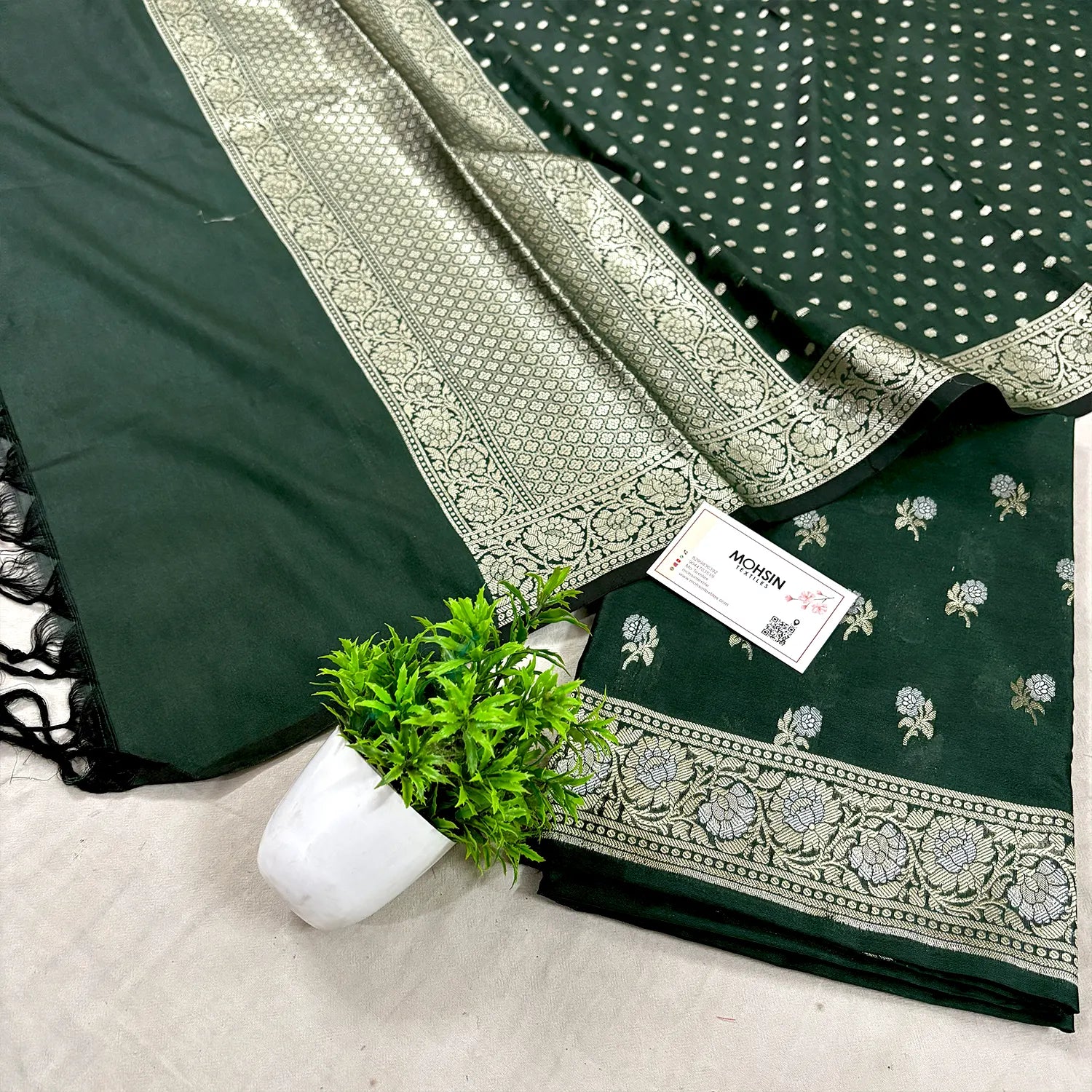 Bottle Green Zari Katan Silk Banarasi Suit