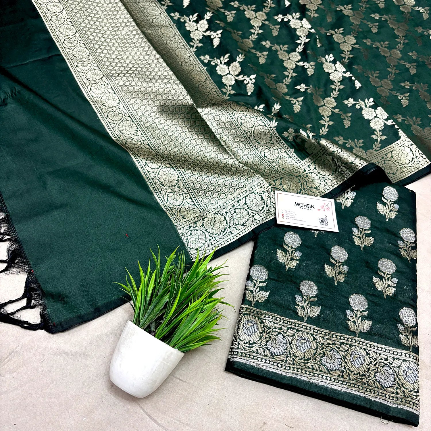 Bottle Green Zari Katan Silk Banarasi Suit