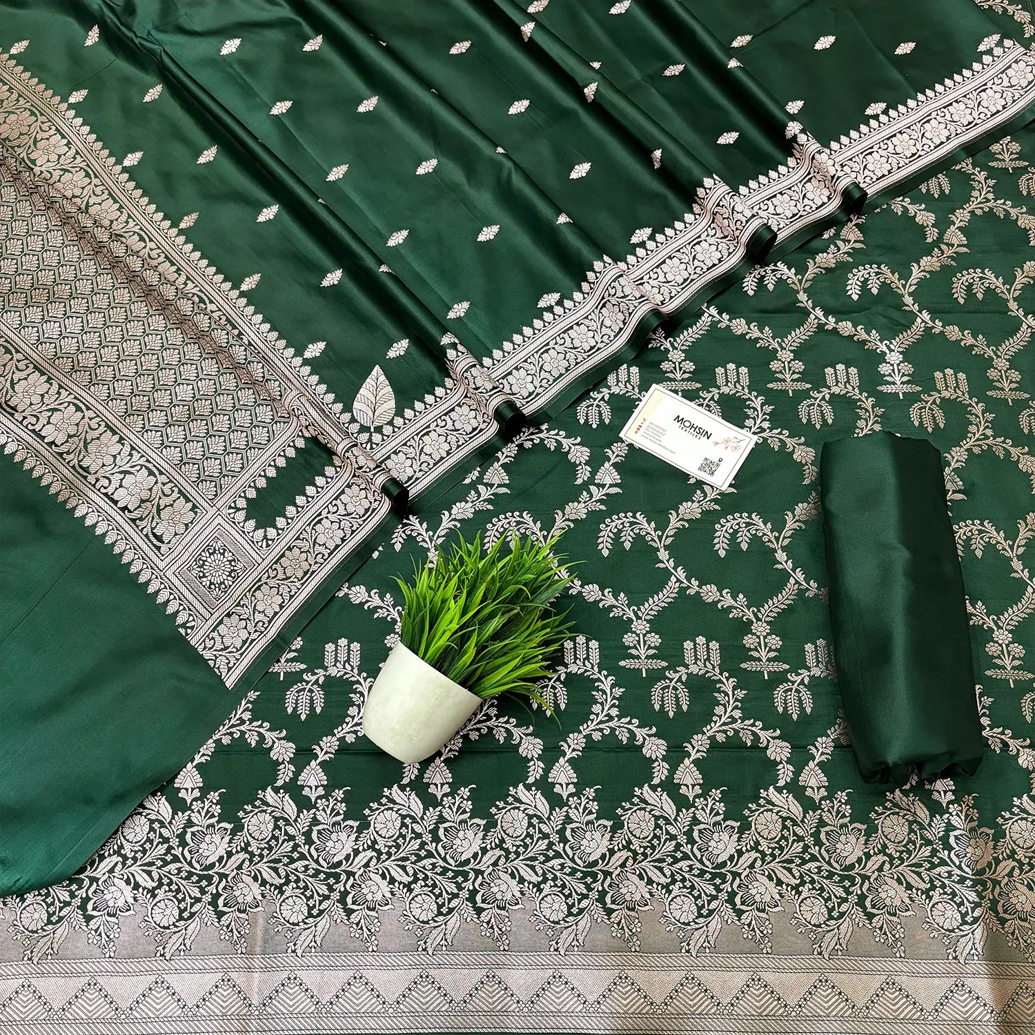 Bottle Green Zari Katan Silk Banarasi Suit