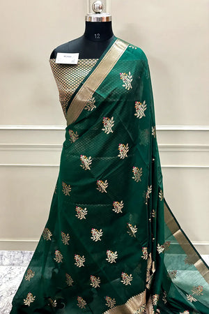 Bottle Green Zari Resham Banarasi Silk Saree