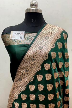 Bottle Green Zari Satin Silk Banarasi Saree