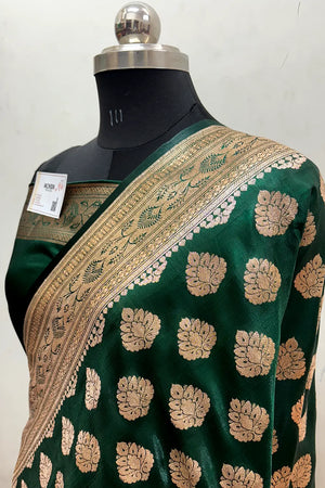 Bottle Green Zari Satin Silk Banarasi Saree