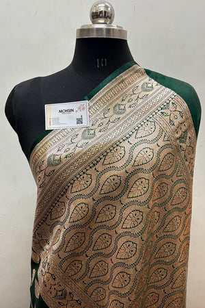 Bottle Green Zari Satin Silk Banarasi Saree