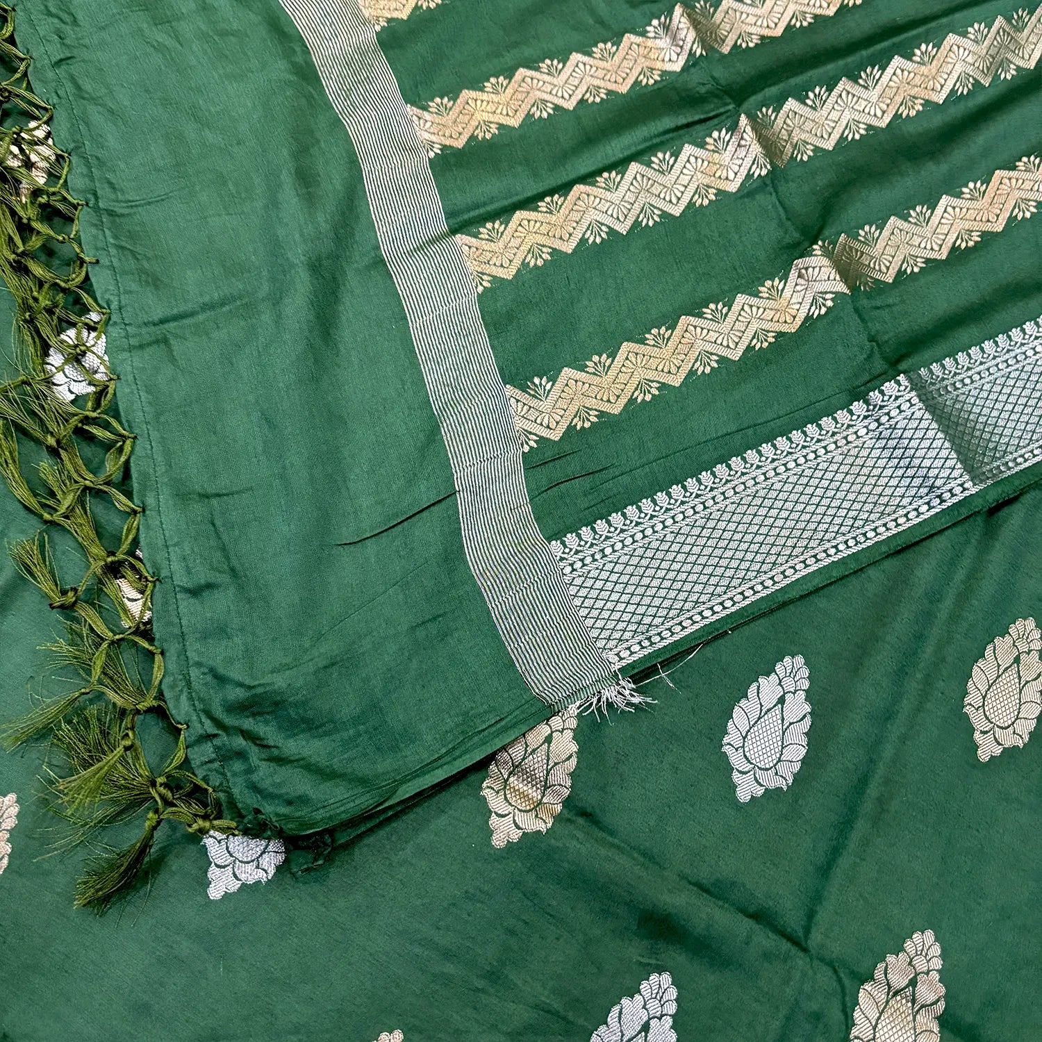 Bottle Green Zari Satin Silk Banarasi Suit 