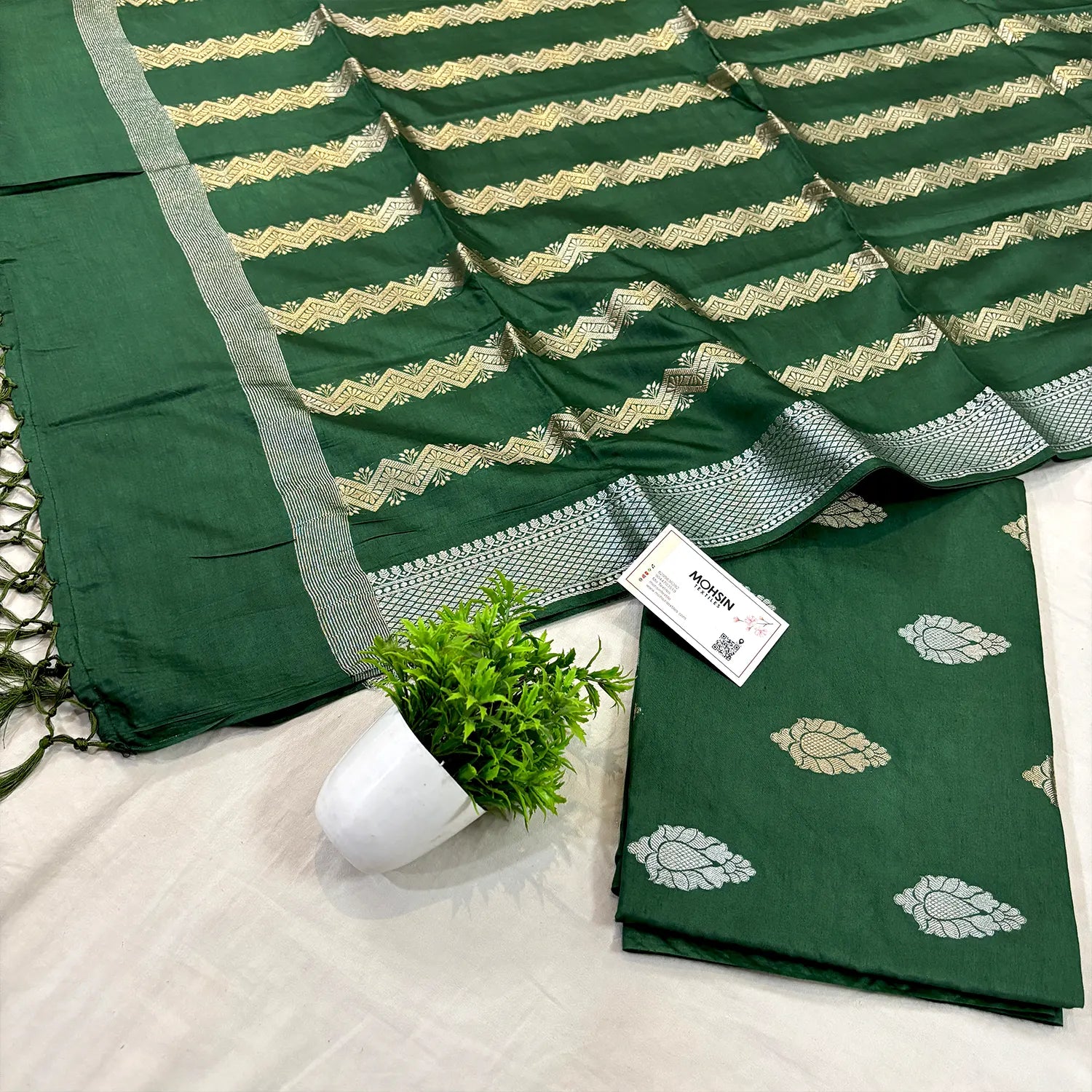 Bottle Green Zari Satin Silk Banarasi Suit 