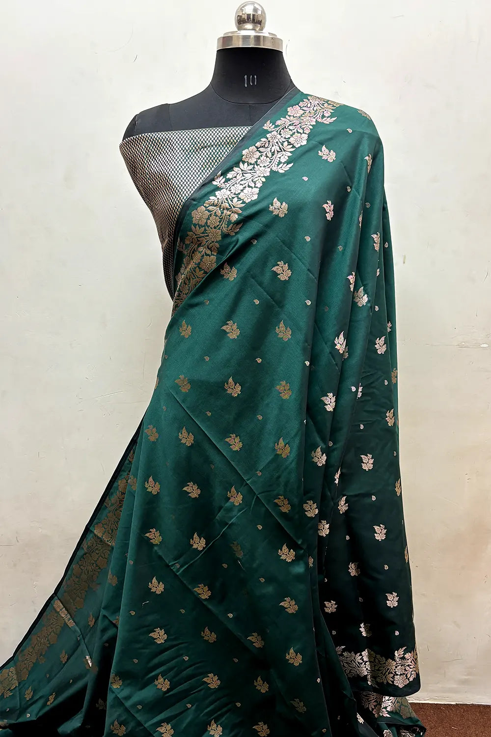 Bottle Green Zari Semi Katan Silk Banarasi Saree
