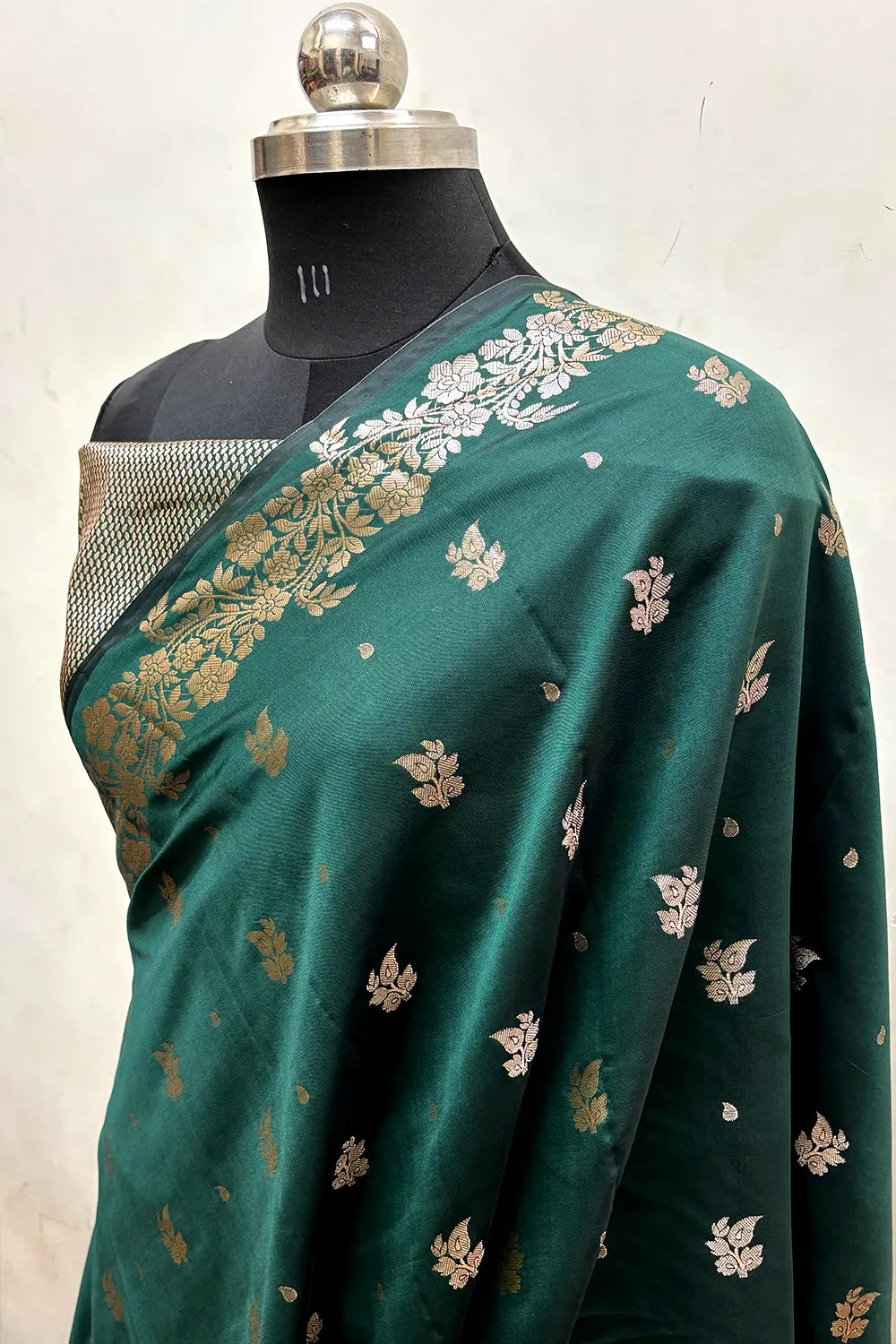 Bottle Green Zari Semi Katan Silk Banarasi Saree
