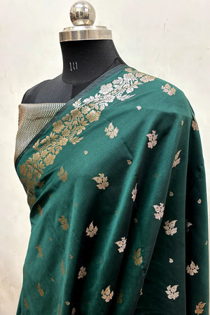 Bottle Green Zari Semi Katan Silk Banarasi Saree
