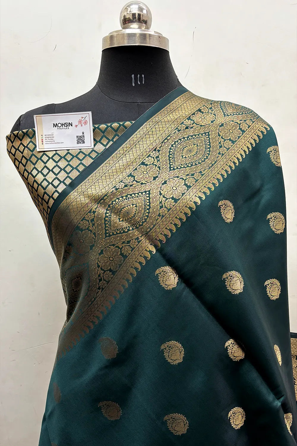 Bottle Green Zari Semi Katan Silk Banarasi Saree