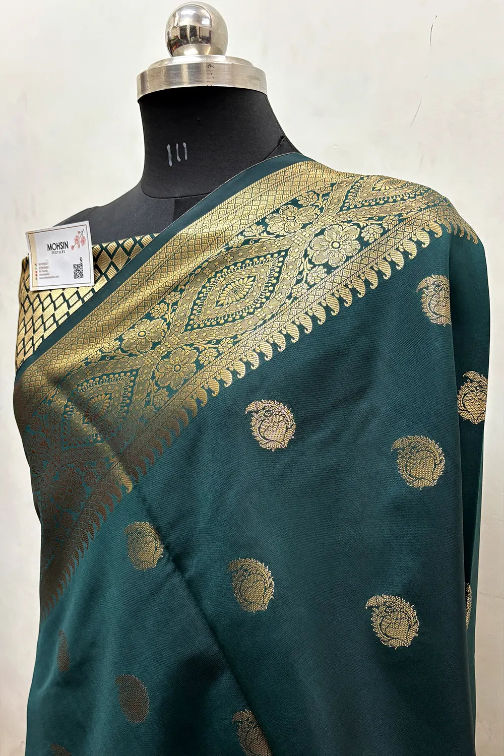 Bottle Green Zari Semi Katan Silk Banarasi Saree