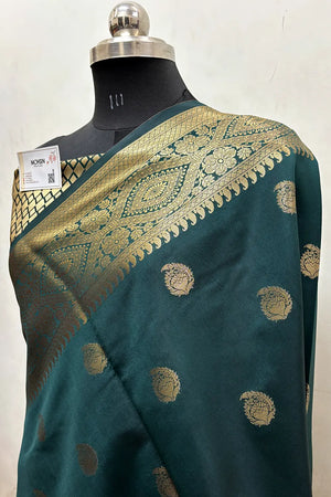 Bottle Green Zari Semi Katan Silk Banarasi Saree