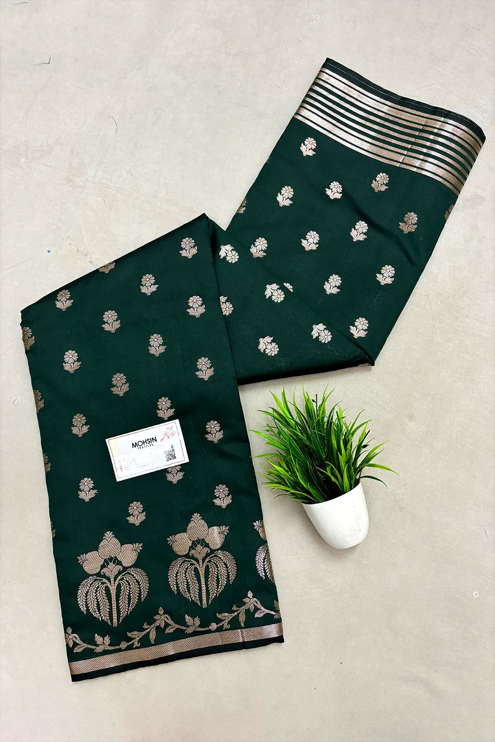 Bottle Green Zari Semi Katan Silk Banarasi Saree