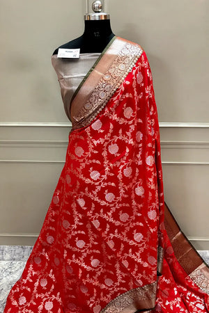 Bright Red and Green Zari Banarasi Silk Saree