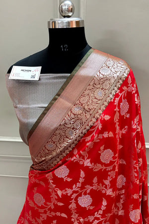 Bright Red and Green Zari Banarasi Silk Saree