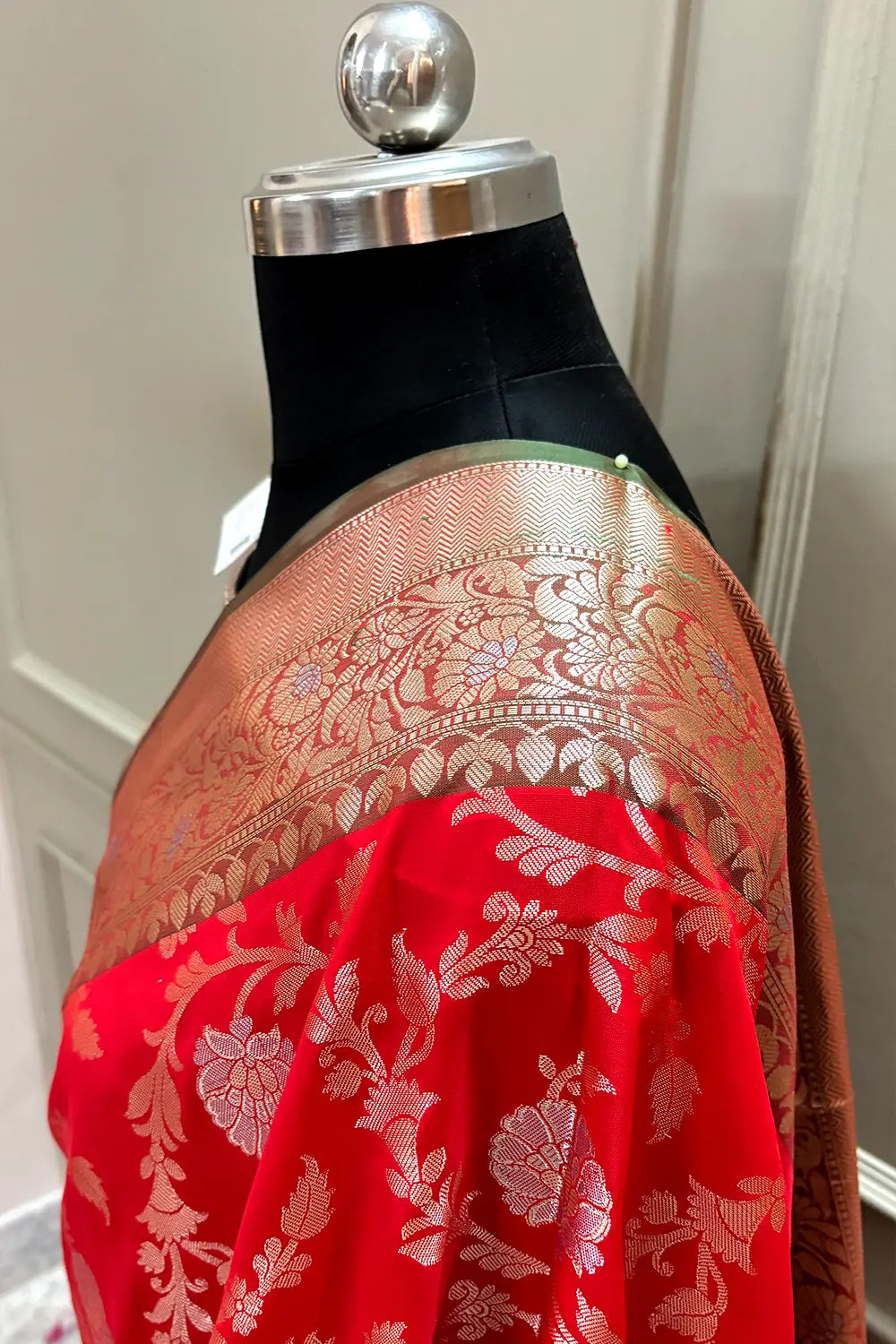 Bright Red and Green Zari Banarasi Silk Saree