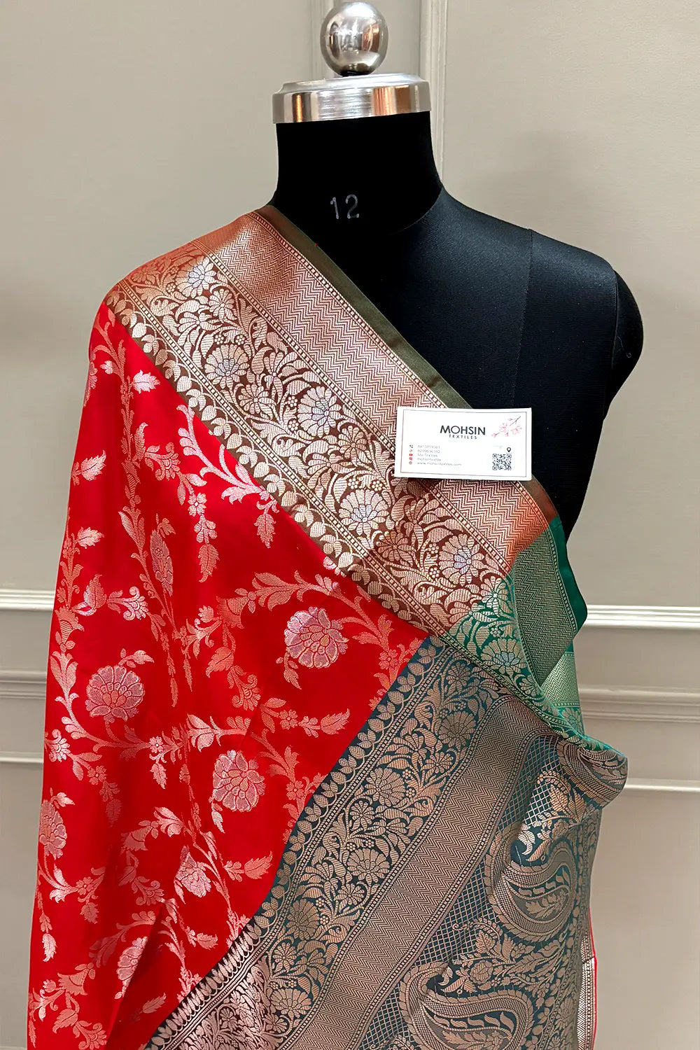 Bright Red and Green Zari Banarasi Silk Saree