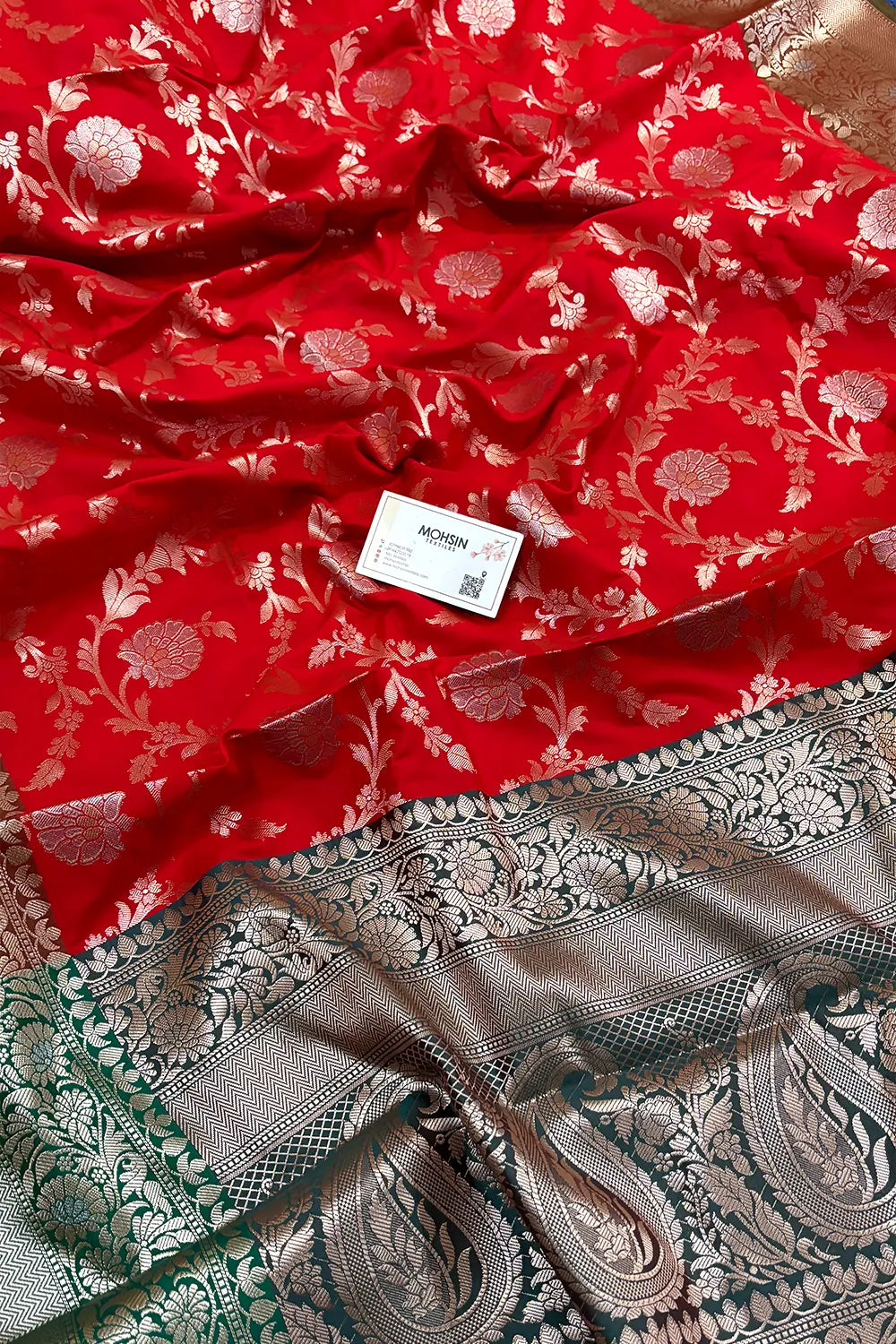 Bright Red and Green Zari Banarasi Silk Saree