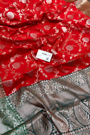 Bright Red and Green Zari Banarasi Silk Saree