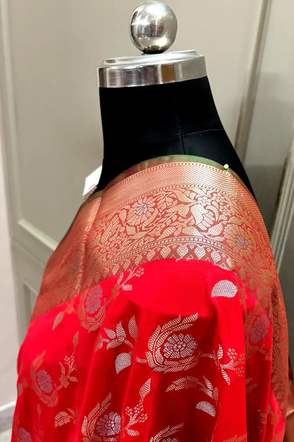 Bright Red and Teal Zari Banarasi Silk Saree