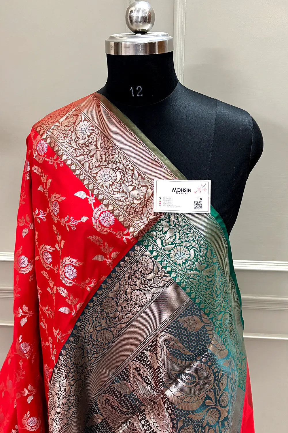 Bright Red and Teal Zari Banarasi Silk Saree