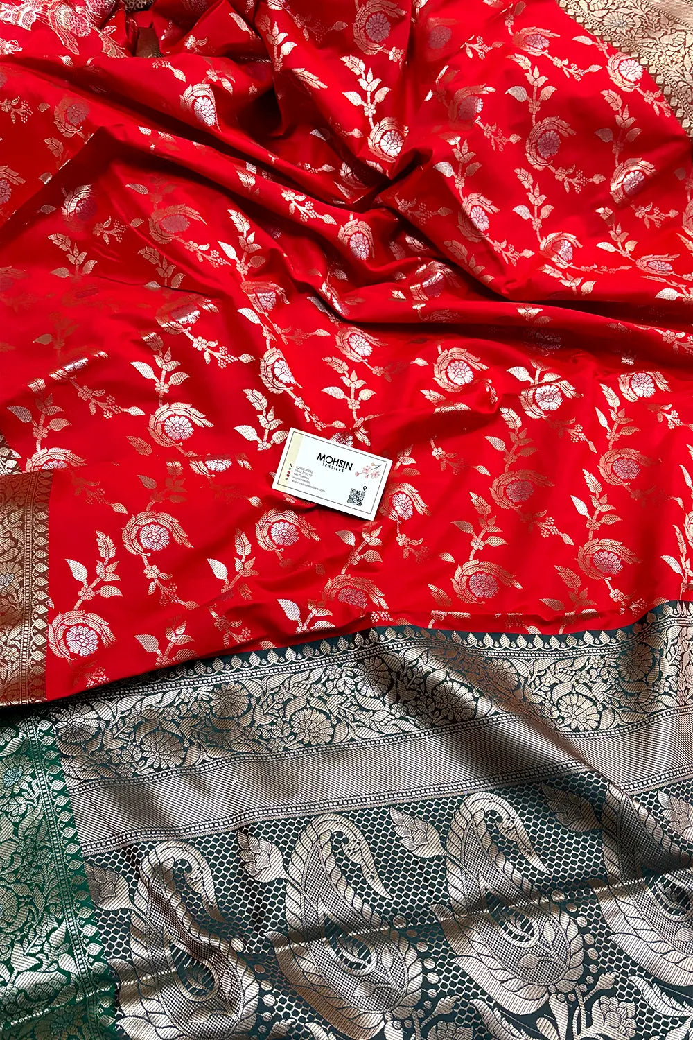 Bright Red and Teal Zari Banarasi Silk Saree