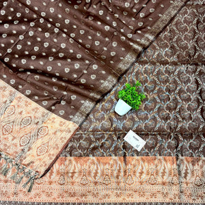 Brown and Gold Zari Border Cotton Silk Banarasi Suit