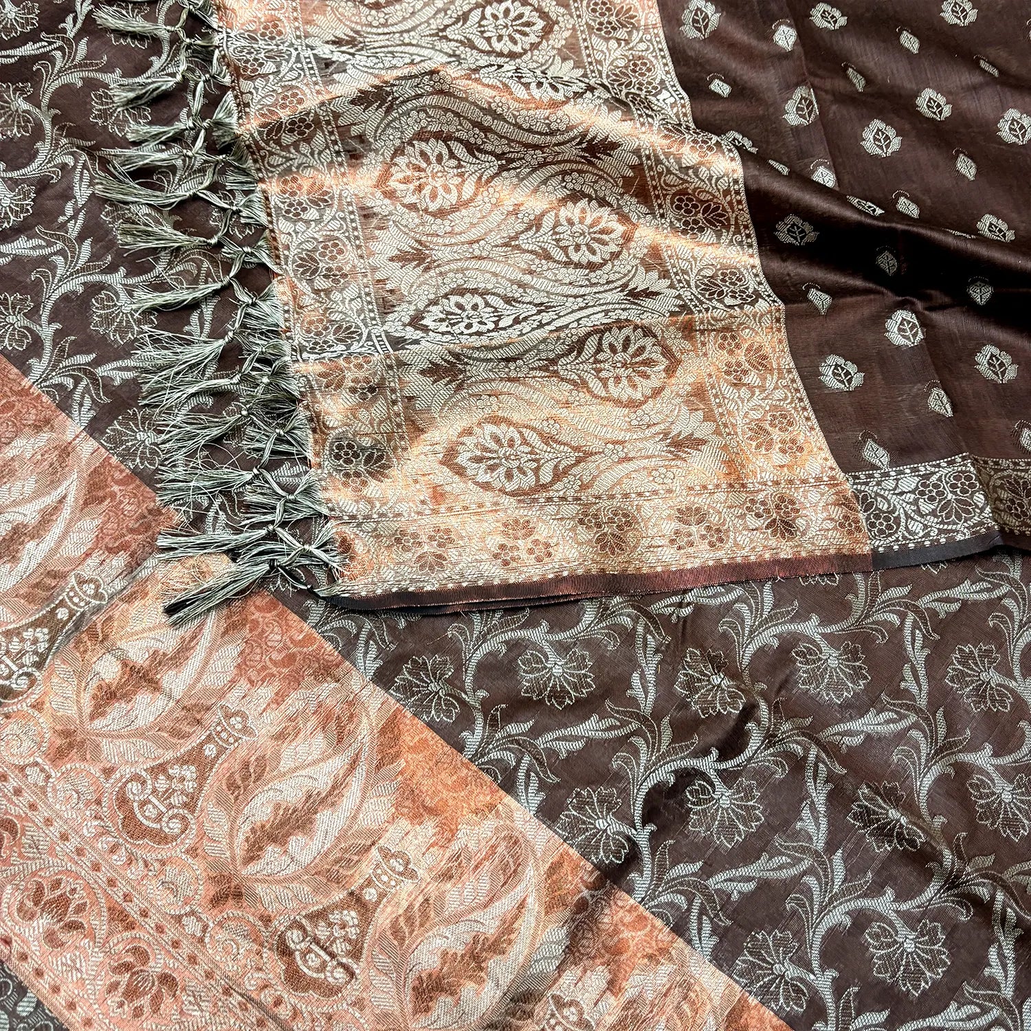 Brown and Gold Zari Border Cotton Silk Banarasi Suit