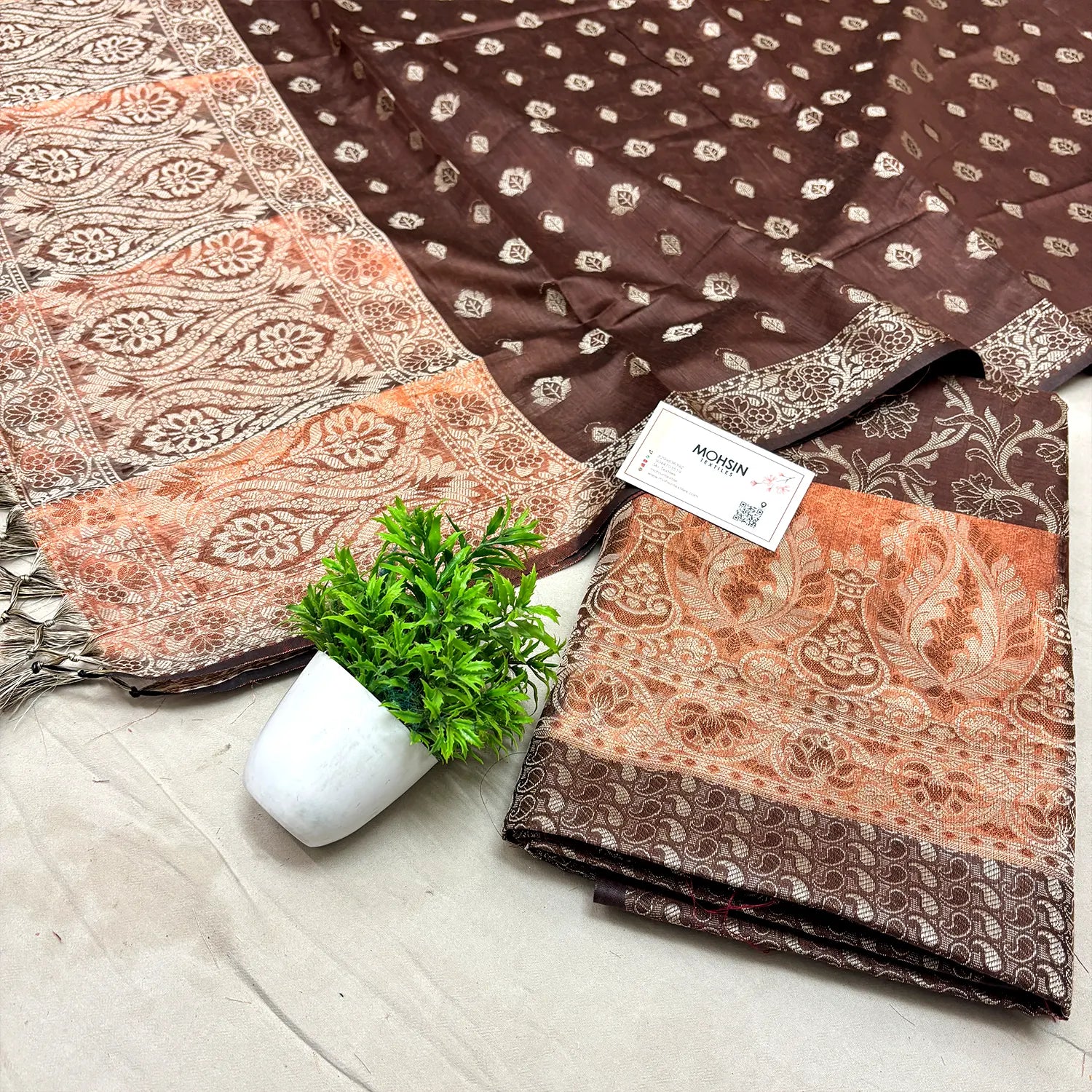 Brown and Gold Zari Border Cotton Silk Banarasi Suit