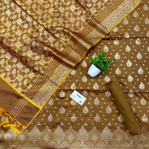 Brown Pankh Buti Satin Silk Banarasi Suit