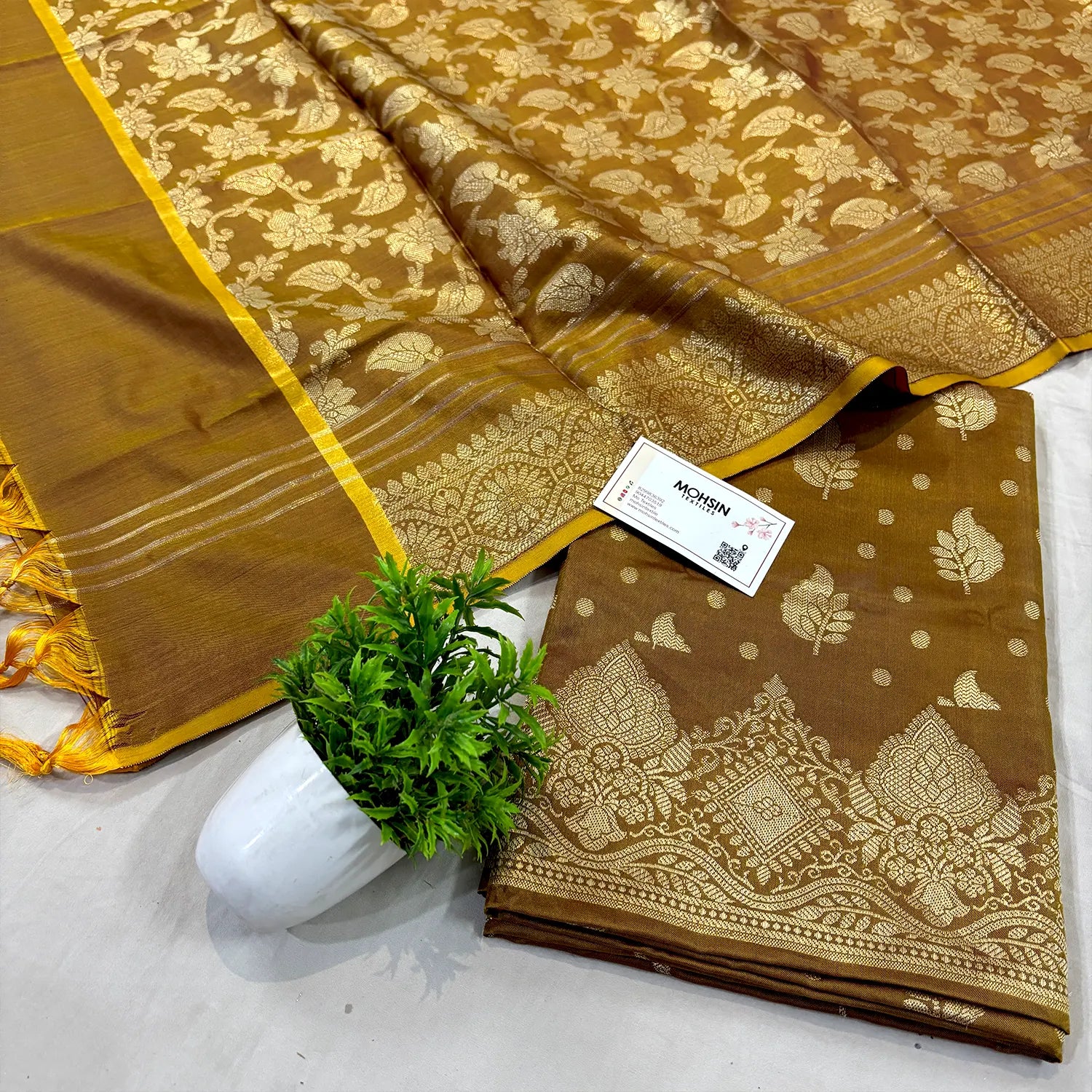 Brown Pankh Buti Satin Silk Banarasi Suit