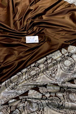 Brown Royal Plain Katan Satin Silk Banarasi Saree