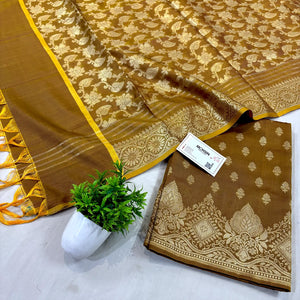 Brown Zari Satin Silk Banarasi Suit