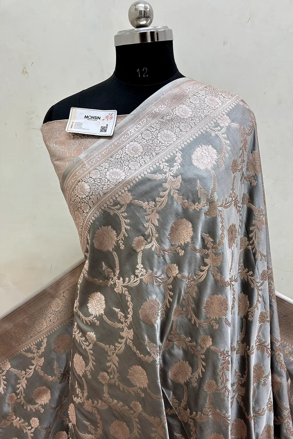 Charcoal Grey Laabela Jaal Katan Mashru Silk Banarasi Saree