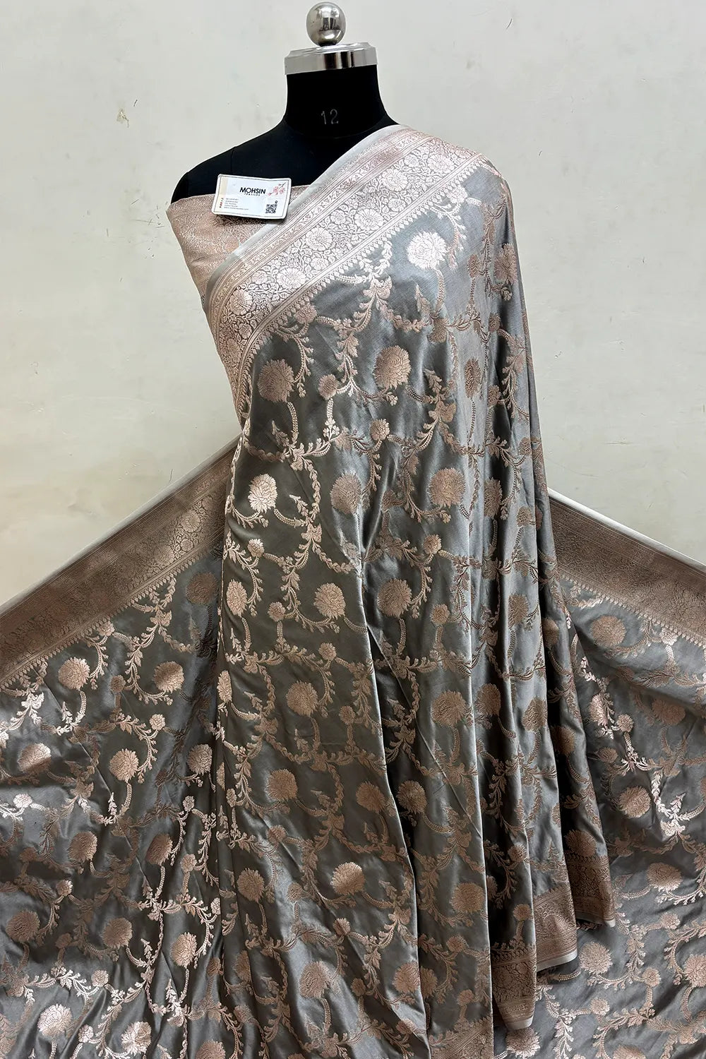 Charcoal Grey Laabela Jaal Katan Mashru Silk Banarasi Saree