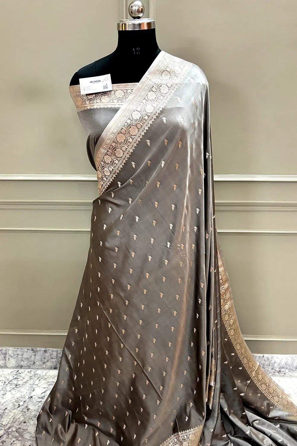 Charcoal Grey Zari Katan Silk Banarasi Saree